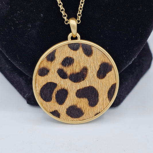 Lucky Brand Long Chain Faux Fur Spotted Brown Animal Print Pendant Boho Cougar Necklace
