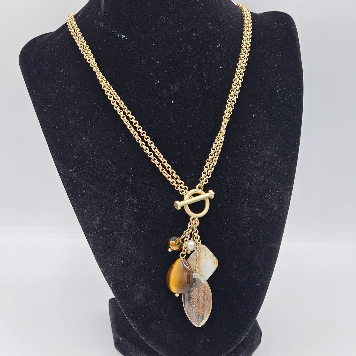 Gold-tone Mixed Media Crystal Glass Stone Pendant Chain 90s Vintage