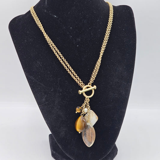 Gold-tone Mixed Media Crystal Glass Stone Pendant Chain 90s Vintage