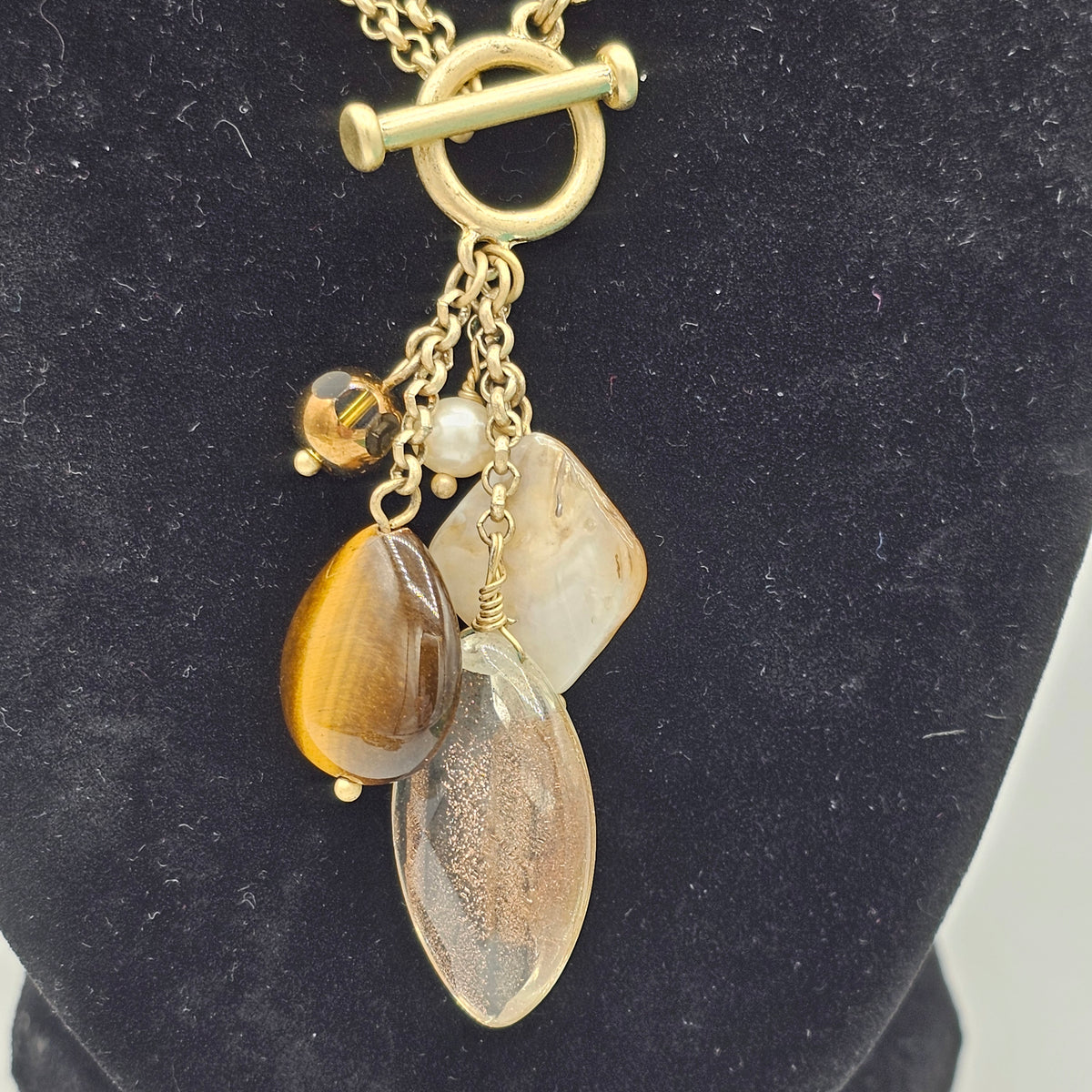 Gold-tone Mixed Media Crystal Glass Stone Pendant Chain 90s Vintage