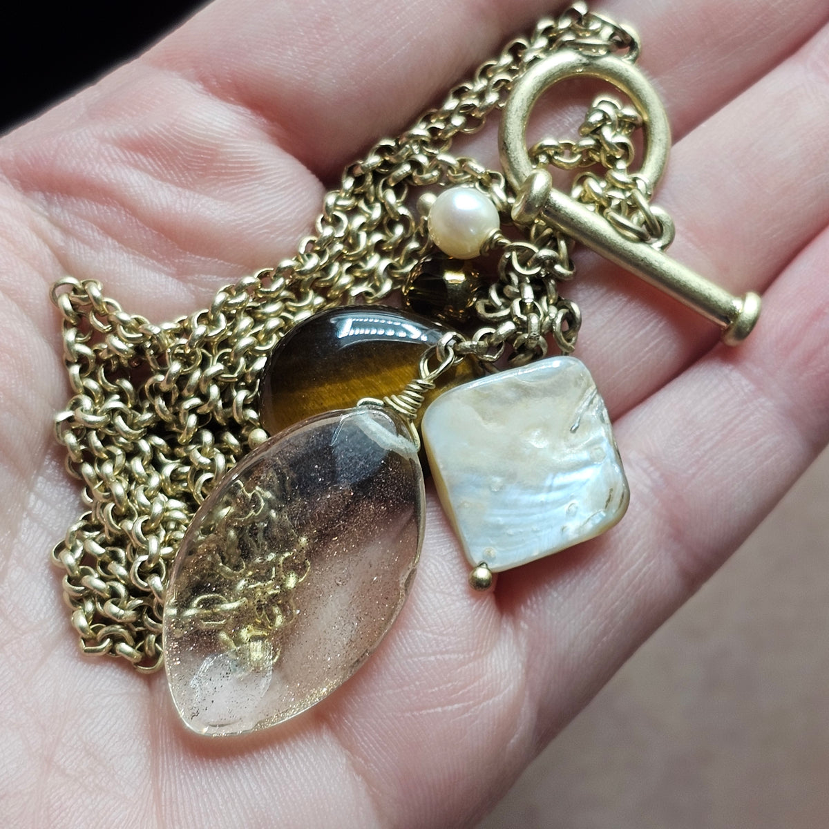 Gold-tone Mixed Media Crystal Glass Stone Pendant Chain 90s Vintage