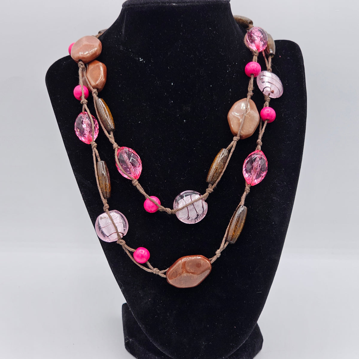 Pink Brown Glass Acrylic Beaded Station Necklace Y2K Long
