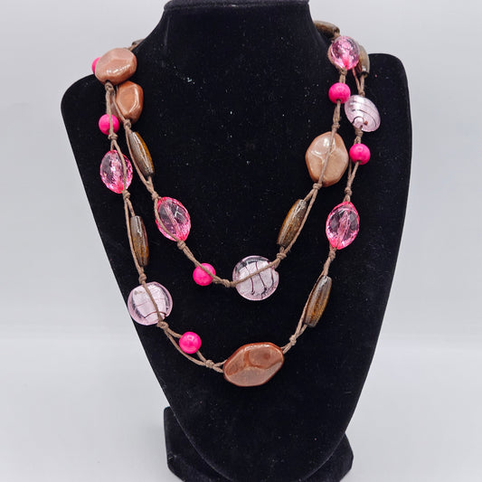 Pink Brown Glass Acrylic Beaded Station Necklace Y2K Long