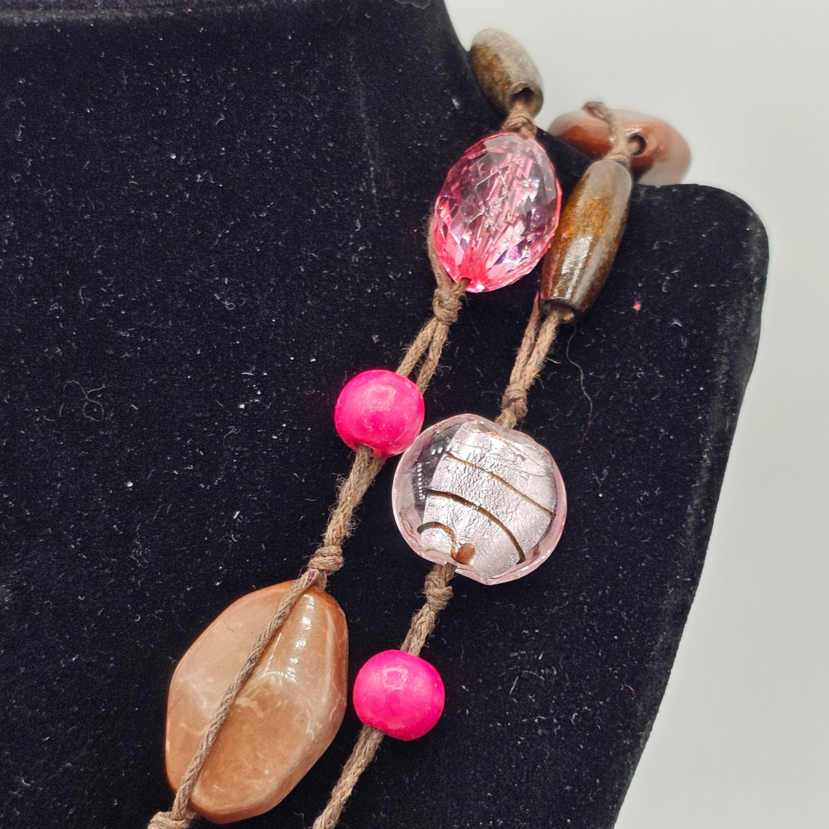 Pink Brown Glass Acrylic Beaded Station Necklace Y2K Long