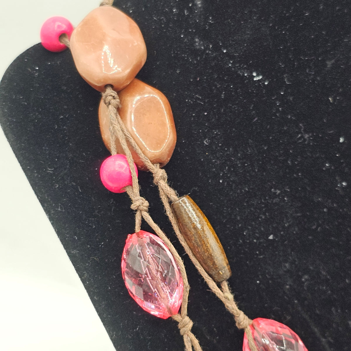 Pink Brown Glass Acrylic Beaded Station Necklace Y2K Long