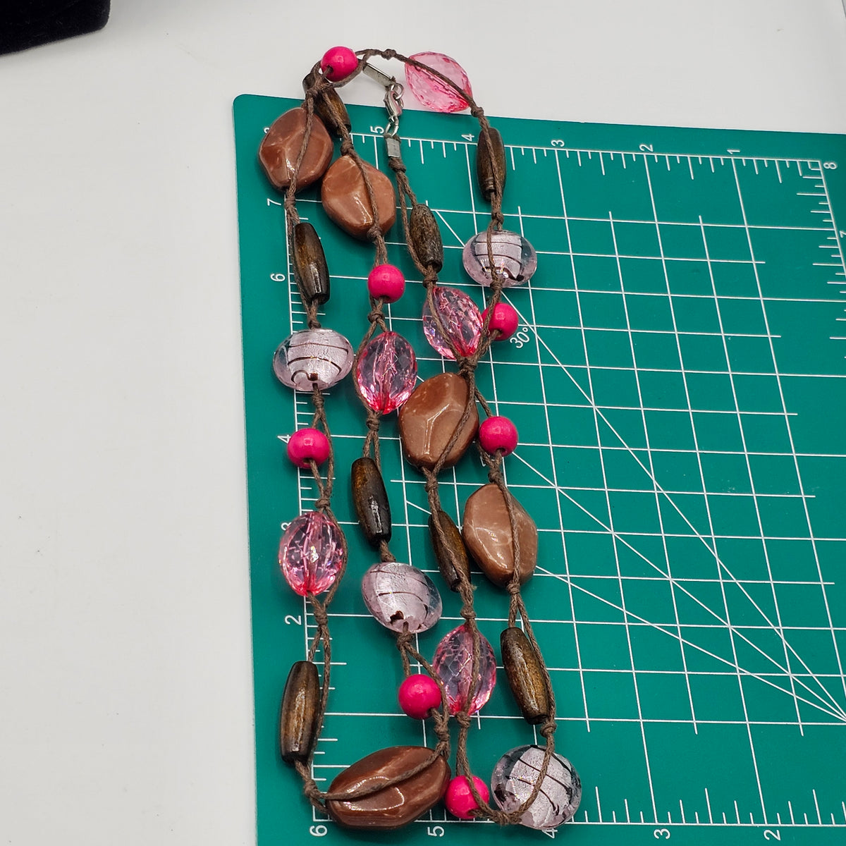 Pink Brown Glass Acrylic Beaded Station Necklace Y2K Long