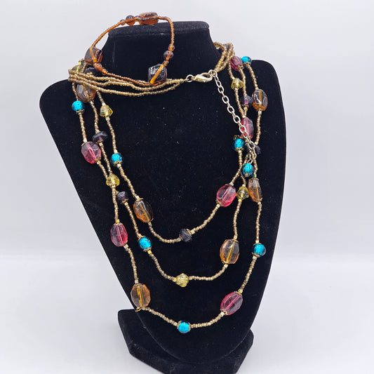 All Glass Multicolor Beaded Station Necklace Multi-strand Layered with Bracelet to Match