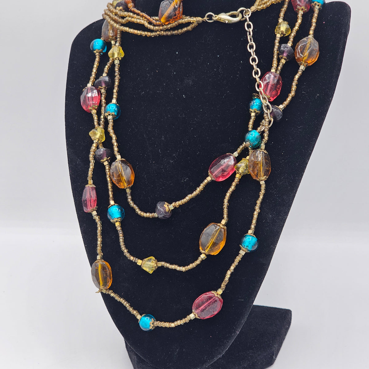 All Glass Multicolor Beaded Station Necklace Multi-strand Layered with Bracelet to Match
