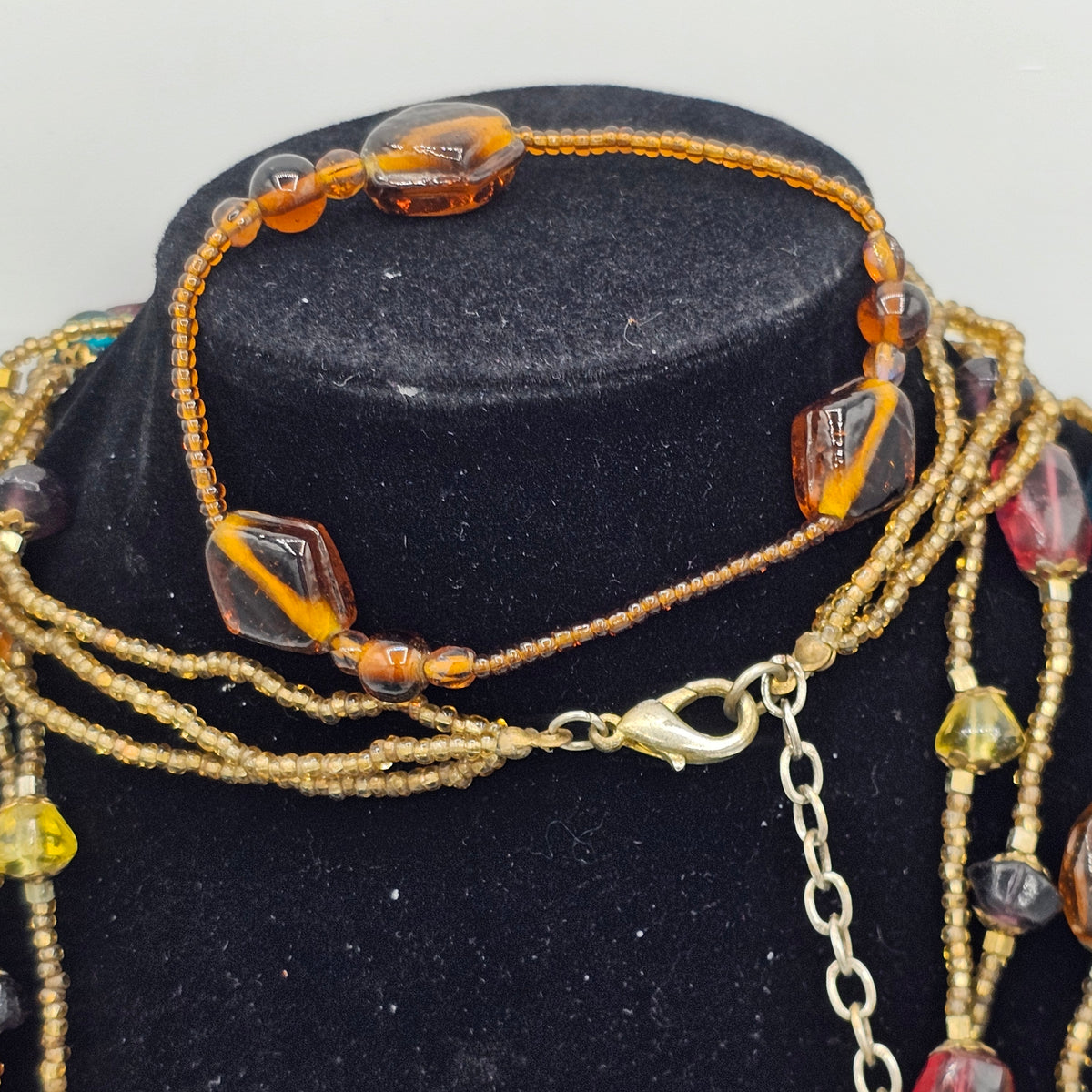 All Glass Multicolor Beaded Station Necklace Multi-strand Layered with Bracelet to Match