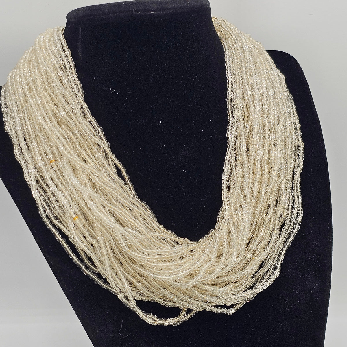 Multi-strand White Translucent Glass Seed Bead Necklace Signed Japan Vintage Torsade