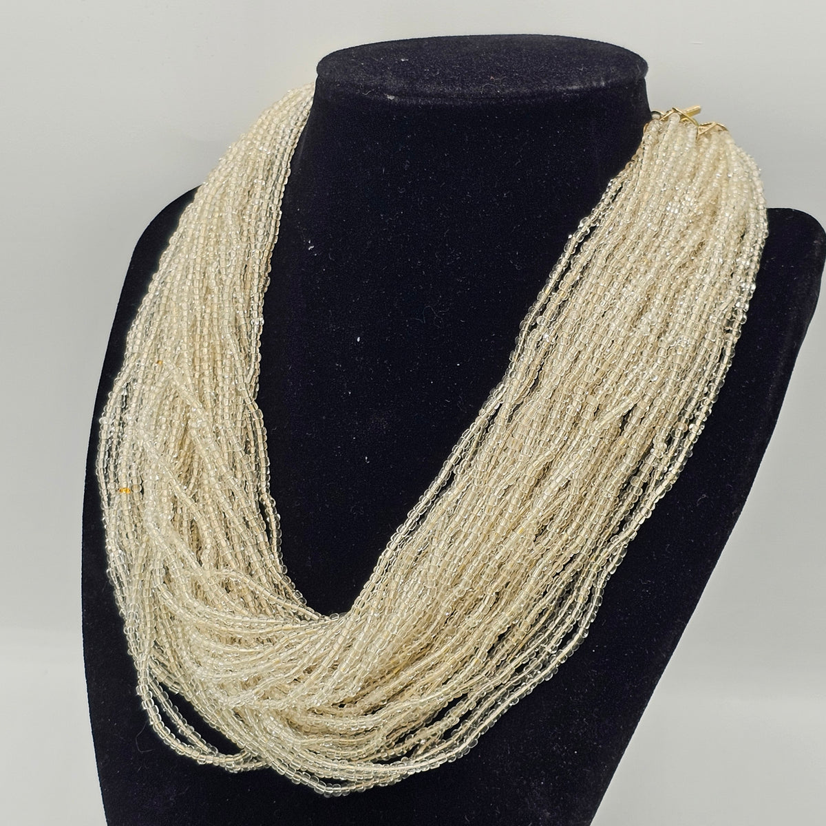 Multi-strand White Translucent Glass Seed Bead Necklace Signed Japan Vintage Torsade