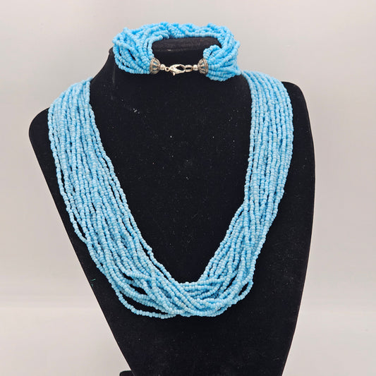 Blue Seed Beaded Multi-strand Necklace Bracelet Y2K Bohemian Beachbabe Matching Set
