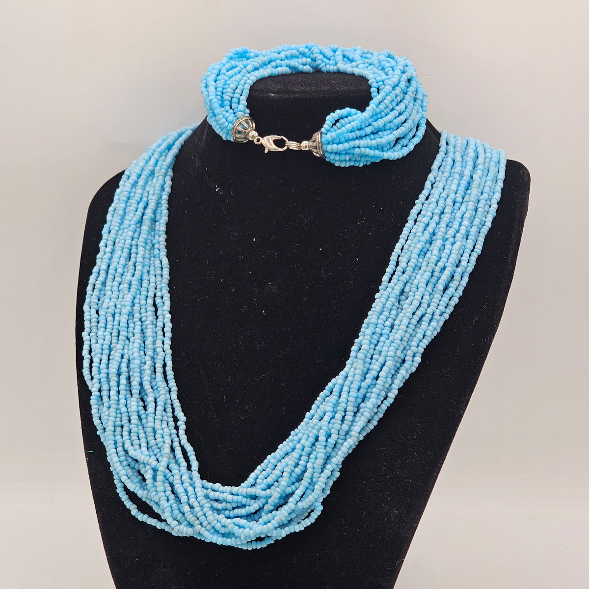 Blue Seed Beaded Multi-strand Necklace Bracelet Y2K Bohemian Beachbabe Matching Set