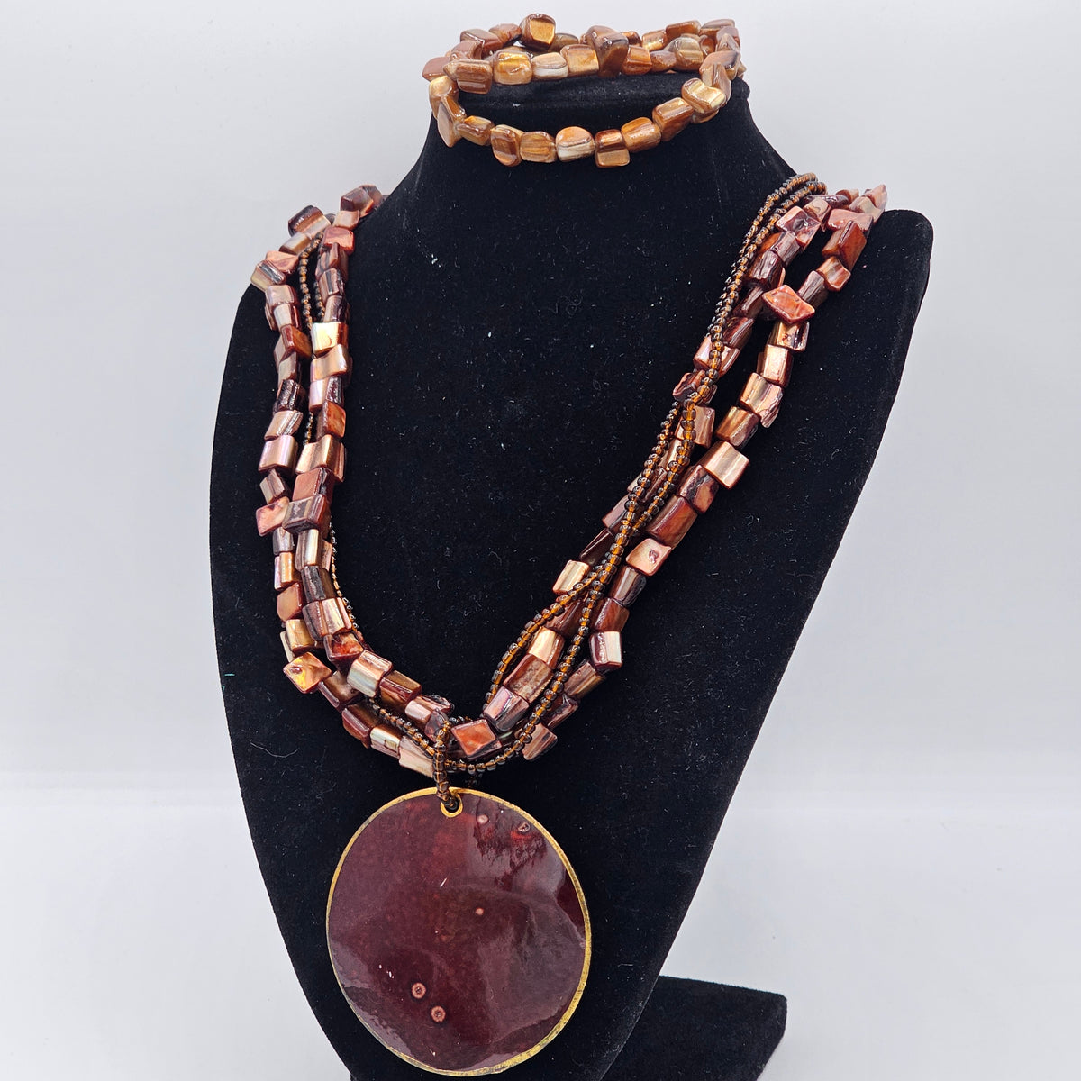 Huge Round Glossy Brown Disc Pendant Beaded Multi-strand Necklace Matching Bracelet Vintage 90s