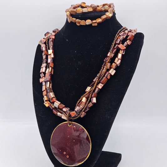 Huge Round Glossy Brown Disc Pendant Beaded Multi-strand Necklace Matching Bracelet Vintage 90s