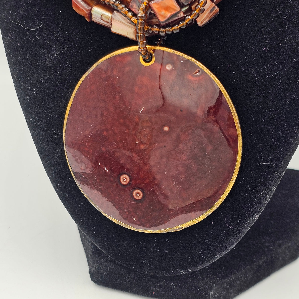 Huge Round Glossy Brown Disc Pendant Beaded Multi-strand Necklace Matching Bracelet Vintage 90s