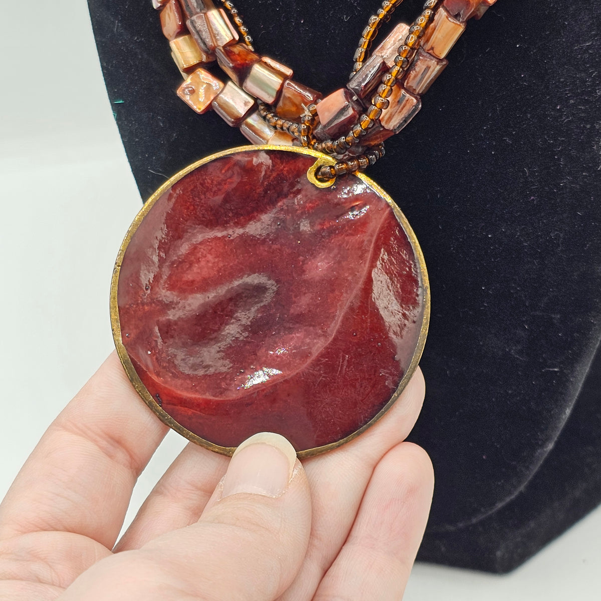 Huge Round Glossy Brown Disc Pendant Beaded Multi-strand Necklace Matching Bracelet Vintage 90s