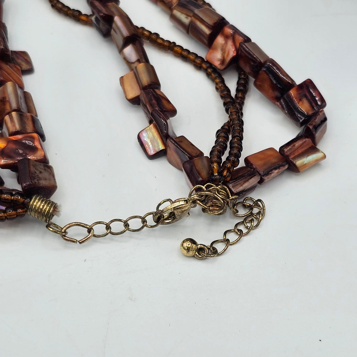 Huge Round Glossy Brown Disc Pendant Beaded Multi-strand Necklace Matching Bracelet Vintage 90s