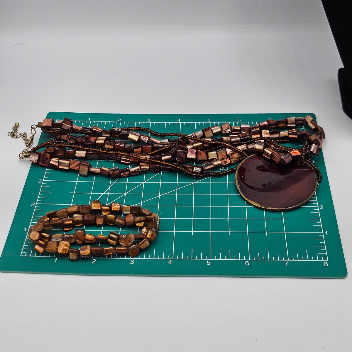Huge Round Glossy Brown Disc Pendant Beaded Multi-strand Necklace Matching Bracelet Vintage 90s