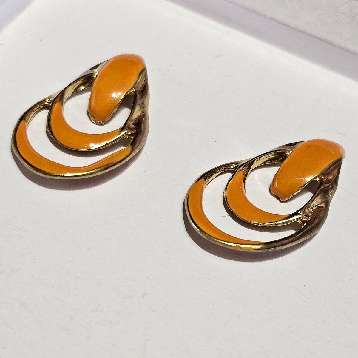 Gold-tone Orange Enamel Pierced Earrings