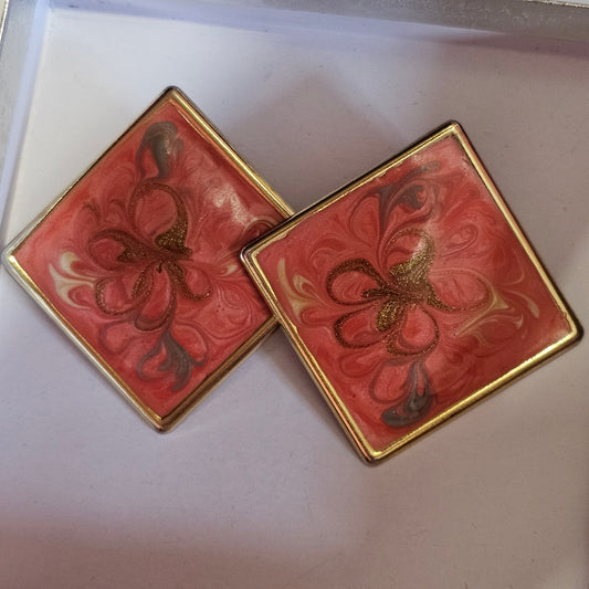 Red Coral Swirl Enamel Square 80s Style Vintage Pierced Earrings