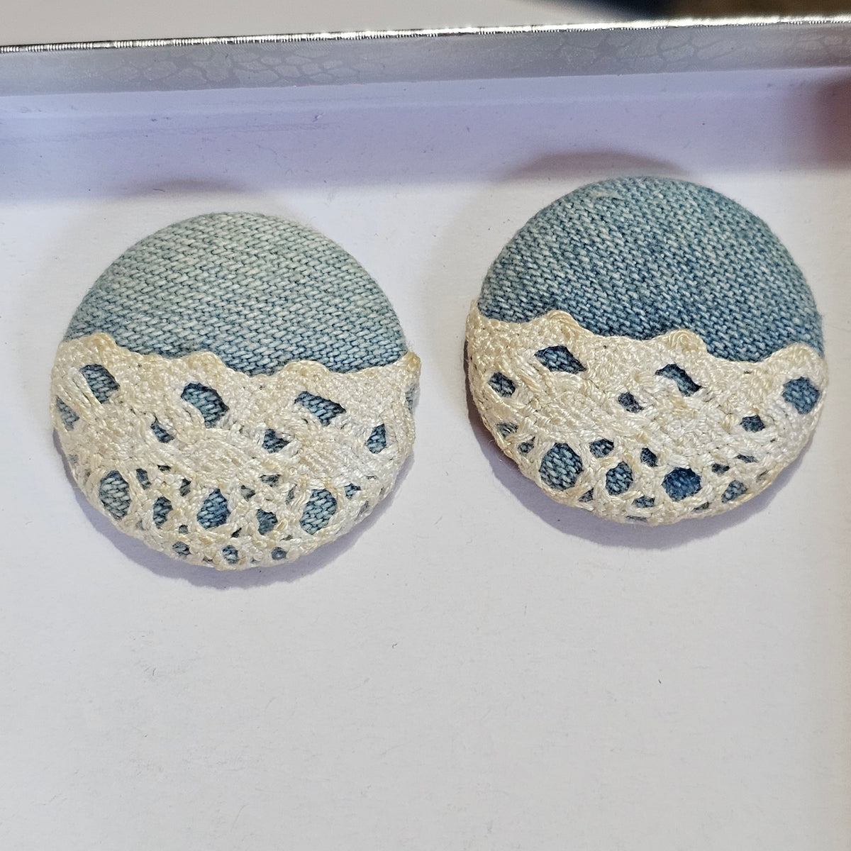 Unique Super Cute Blue Denim White Lace Round Earrings Pierced 90s Vintage