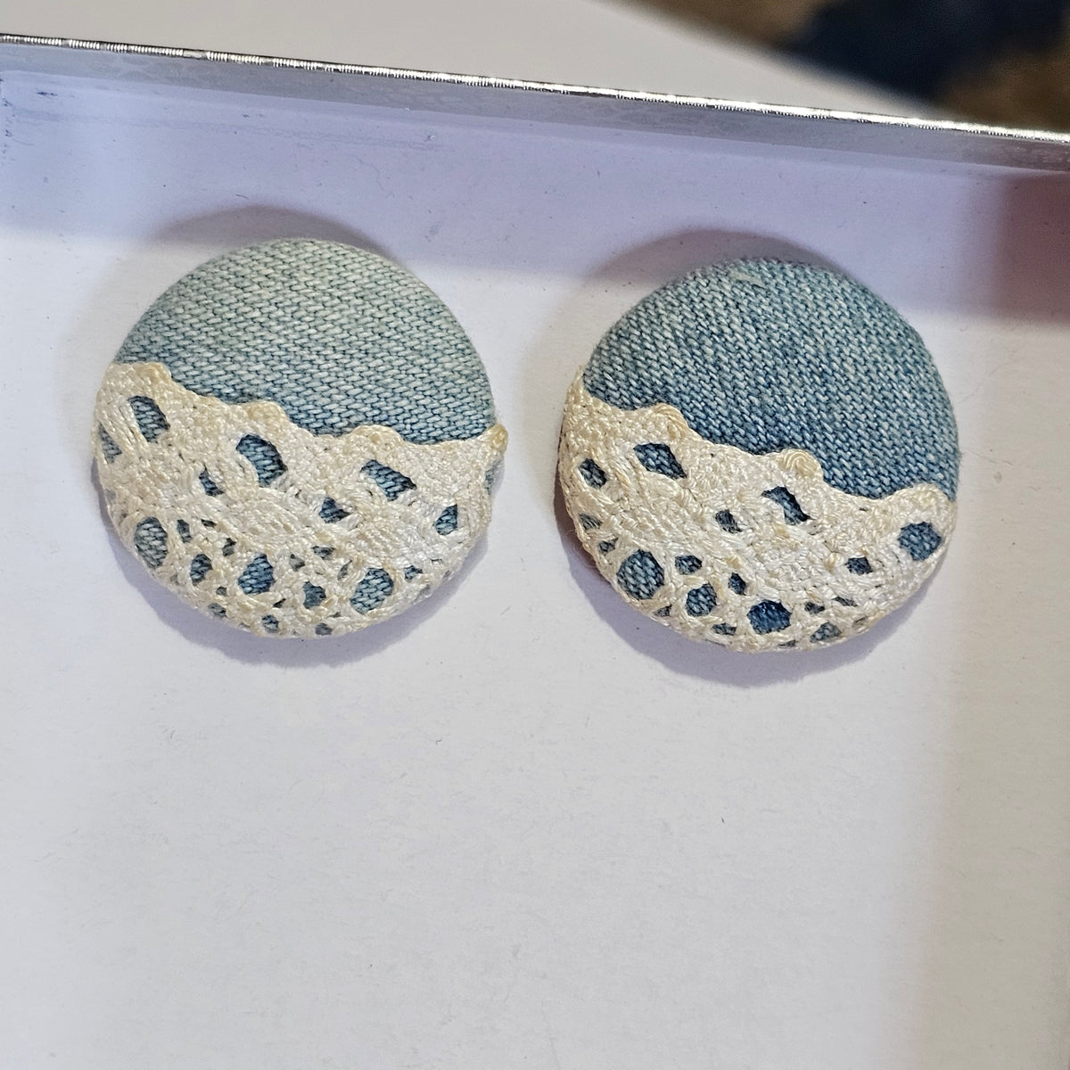 Unique Super Cute Blue Denim White Lace Round Earrings Pierced 90s Vintage