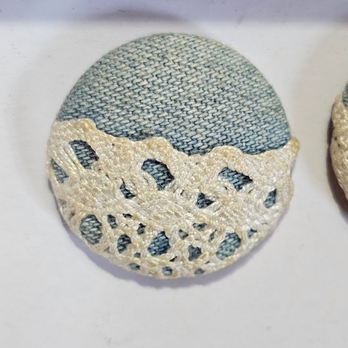 Unique Super Cute Blue Denim White Lace Round Earrings Pierced 90s Vintage