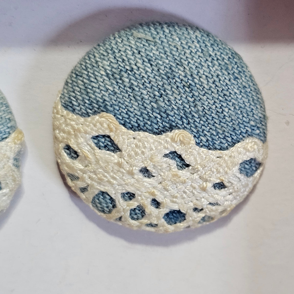Unique Super Cute Blue Denim White Lace Round Earrings Pierced 90s Vintage
