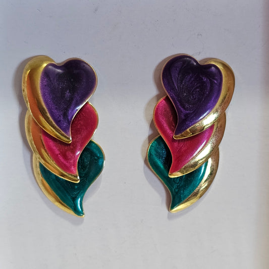 Amazing Articulated Dangle Heart Enamel 90s Earrings Vintage Pierced Colorful