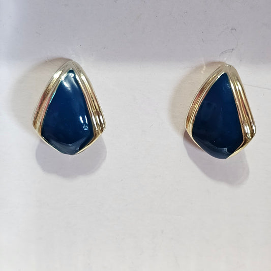 Gold-tone Blue Enamel 90s Curved Earrings Pierced Vintage