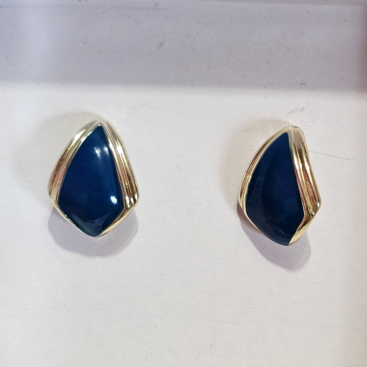 Gold-tone Blue Enamel 90s Curved Earrings Pierced Vintage