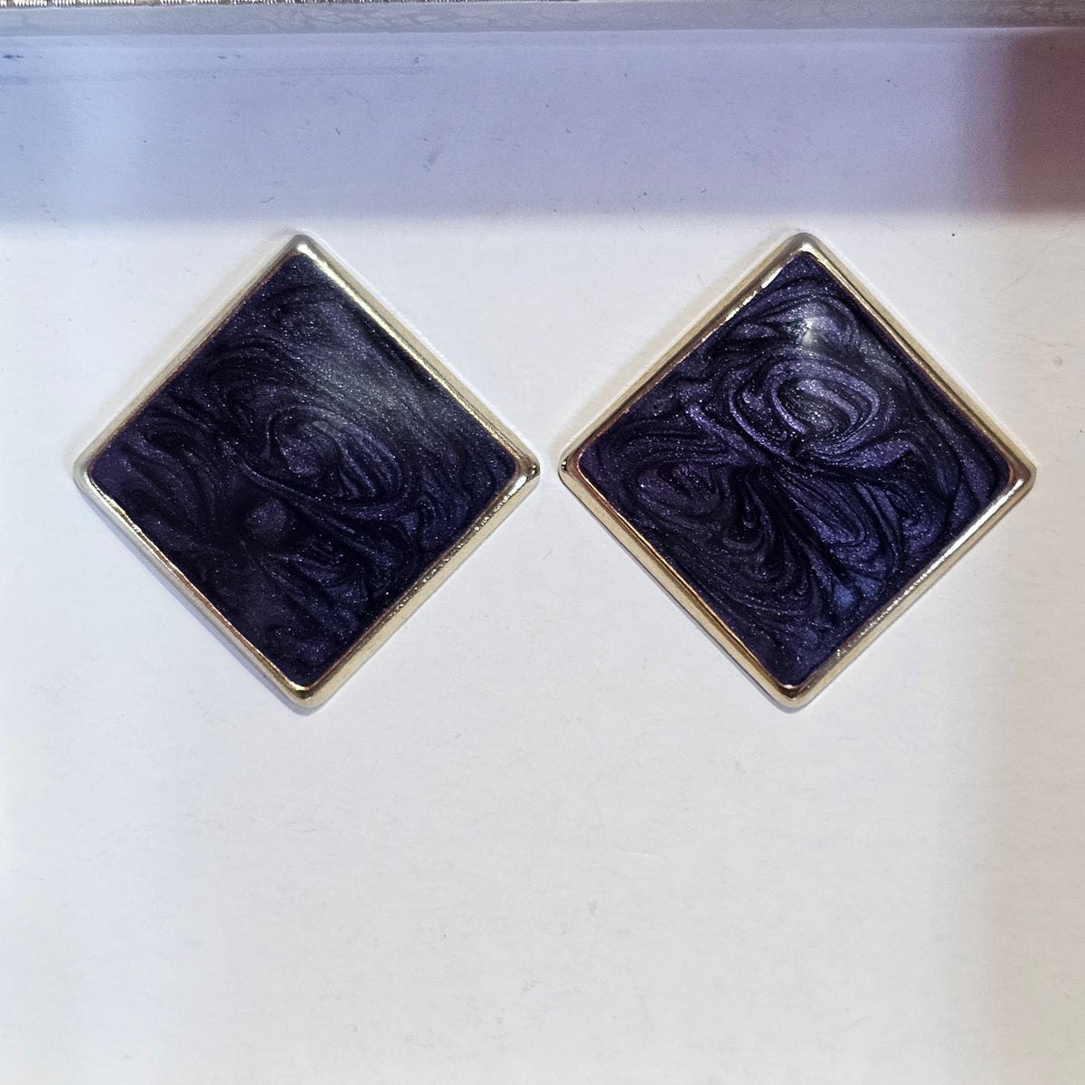Gold-tone Blue Swirl Enamel Pierced Square 80s Earrings Vintage