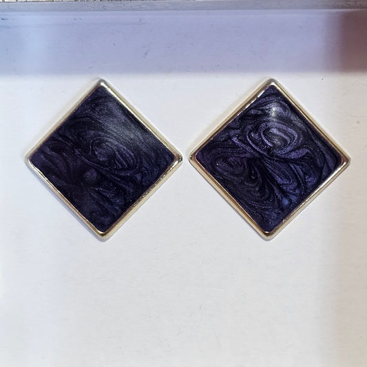 Gold-tone Blue Swirl Enamel Pierced Square 80s Earrings Vintage
