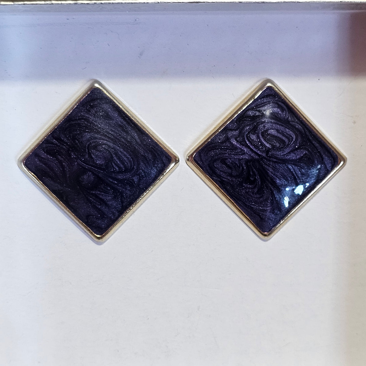 Gold-tone Blue Swirl Enamel Pierced Square 80s Earrings Vintage