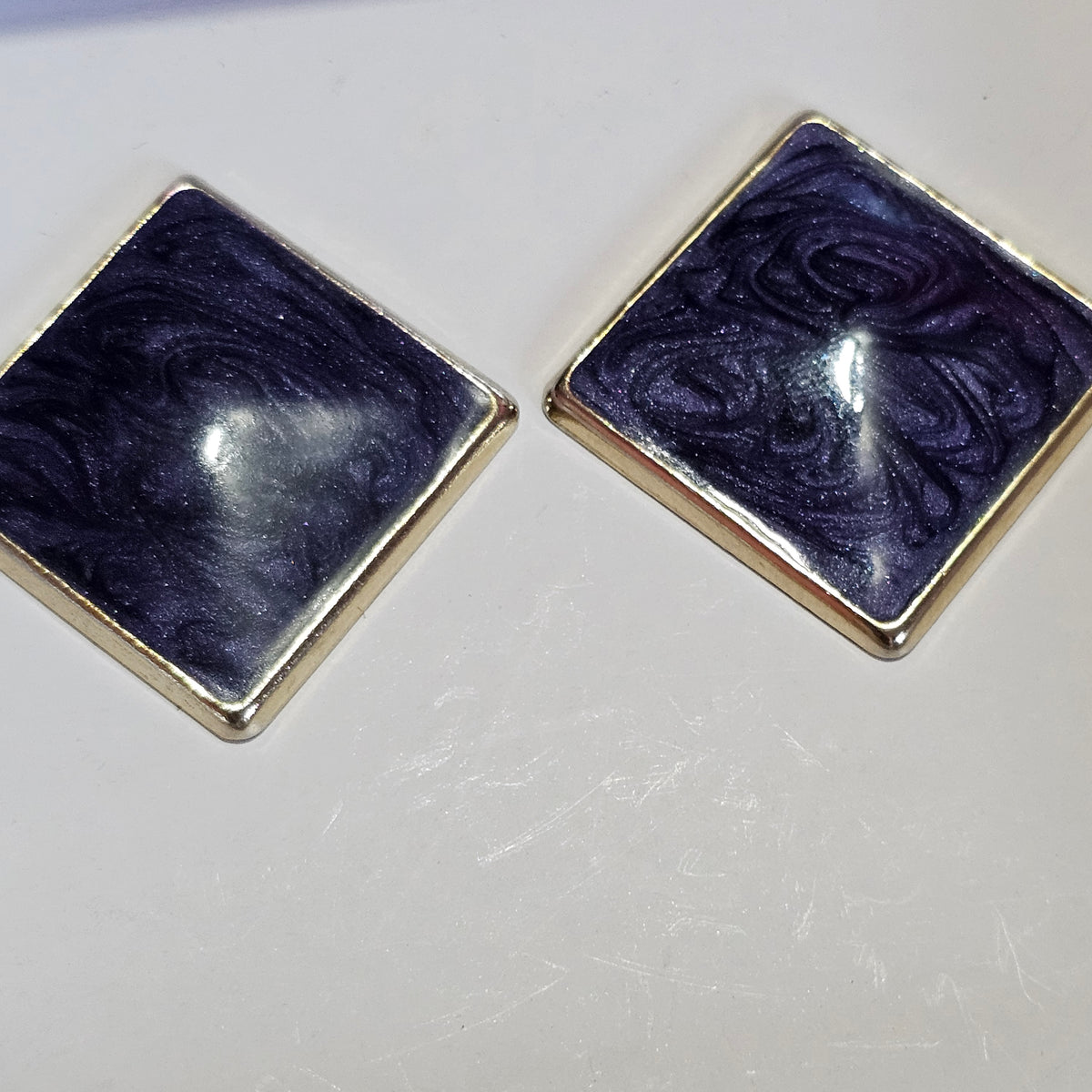 Gold-tone Blue Swirl Enamel Pierced Square 80s Earrings Vintage