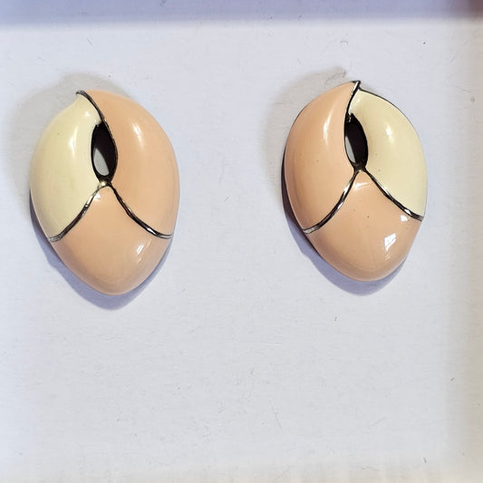 Designer Style 80s Beige Enamel Earrings Pierced Vintage