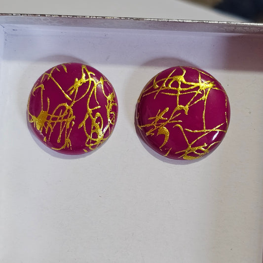 Fuchsia Round Gold Splatter Pierced Earrings 90s Y2K Vintage
