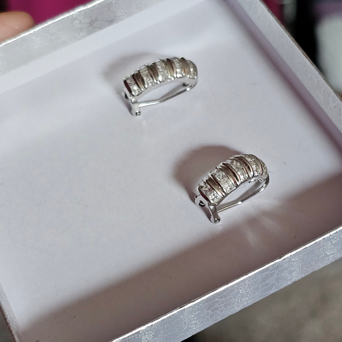 Signed 925 Sterling Silver Hoop Rhinestone Earrings Pierced Vintage