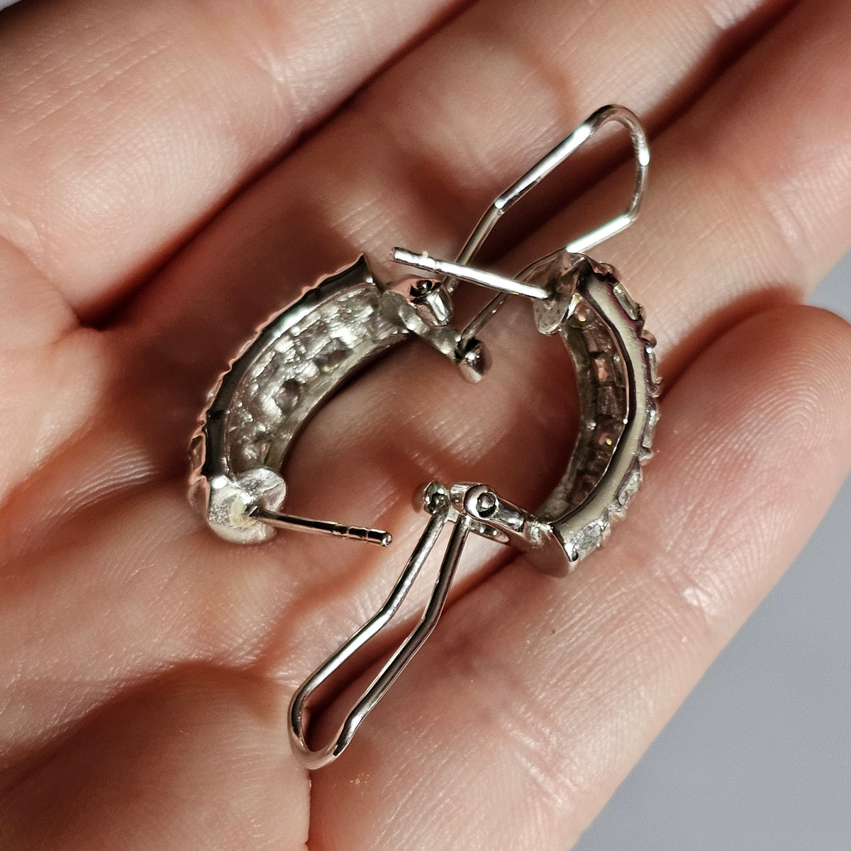 Signed 925 Sterling Silver Hoop Rhinestone Earrings Pierced Vintage