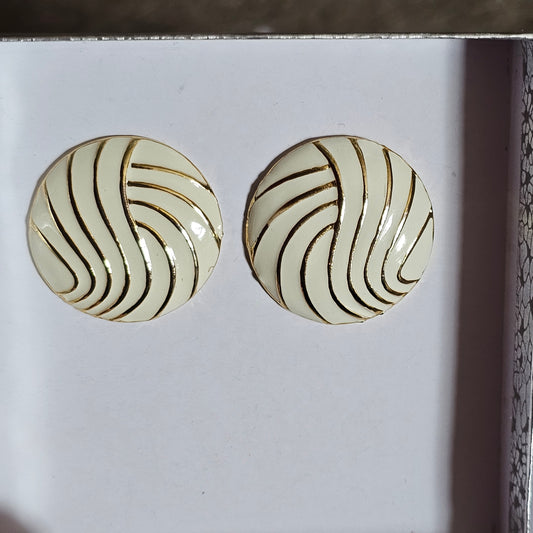 Cream Enamel Swirl Gold Accent Napier Signed Earrings Vintage Pierced