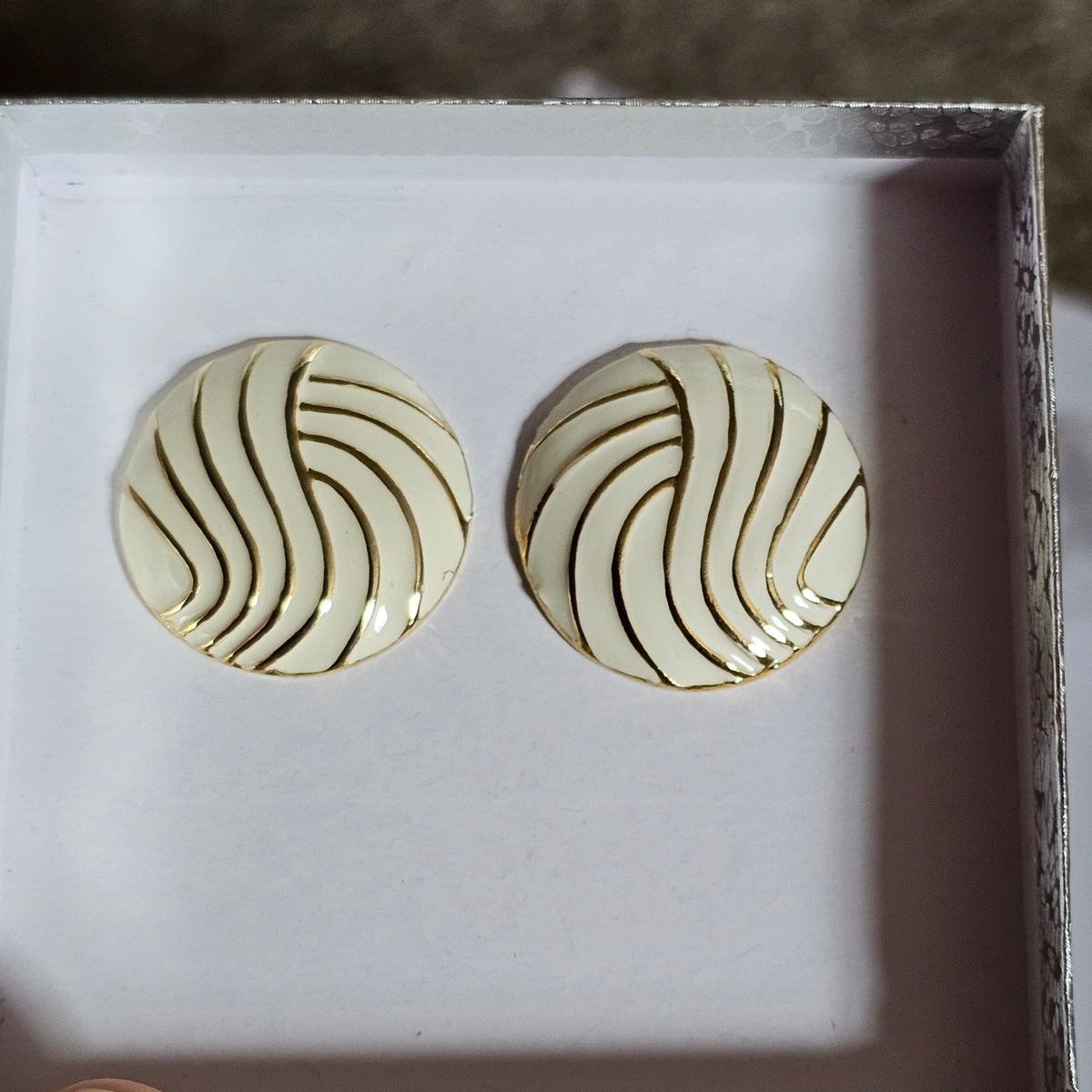 Cream Enamel Swirl Gold Accent Napier Signed Earrings Vintage Pierced