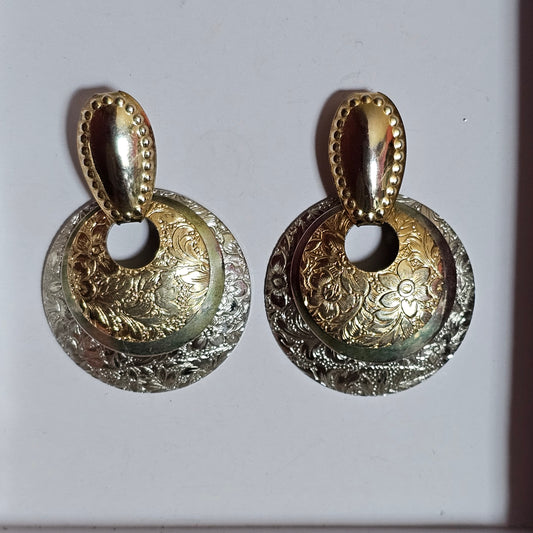 Big Round Layered Dangle Pierced Earrings 80s Style Two-tone