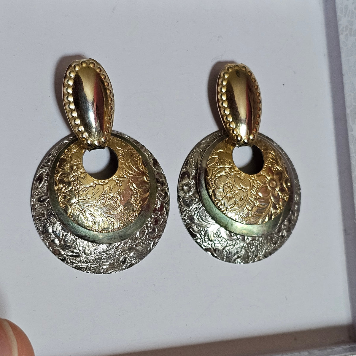 Big Round Layered Dangle Pierced Earrings 80s Style Two-tone