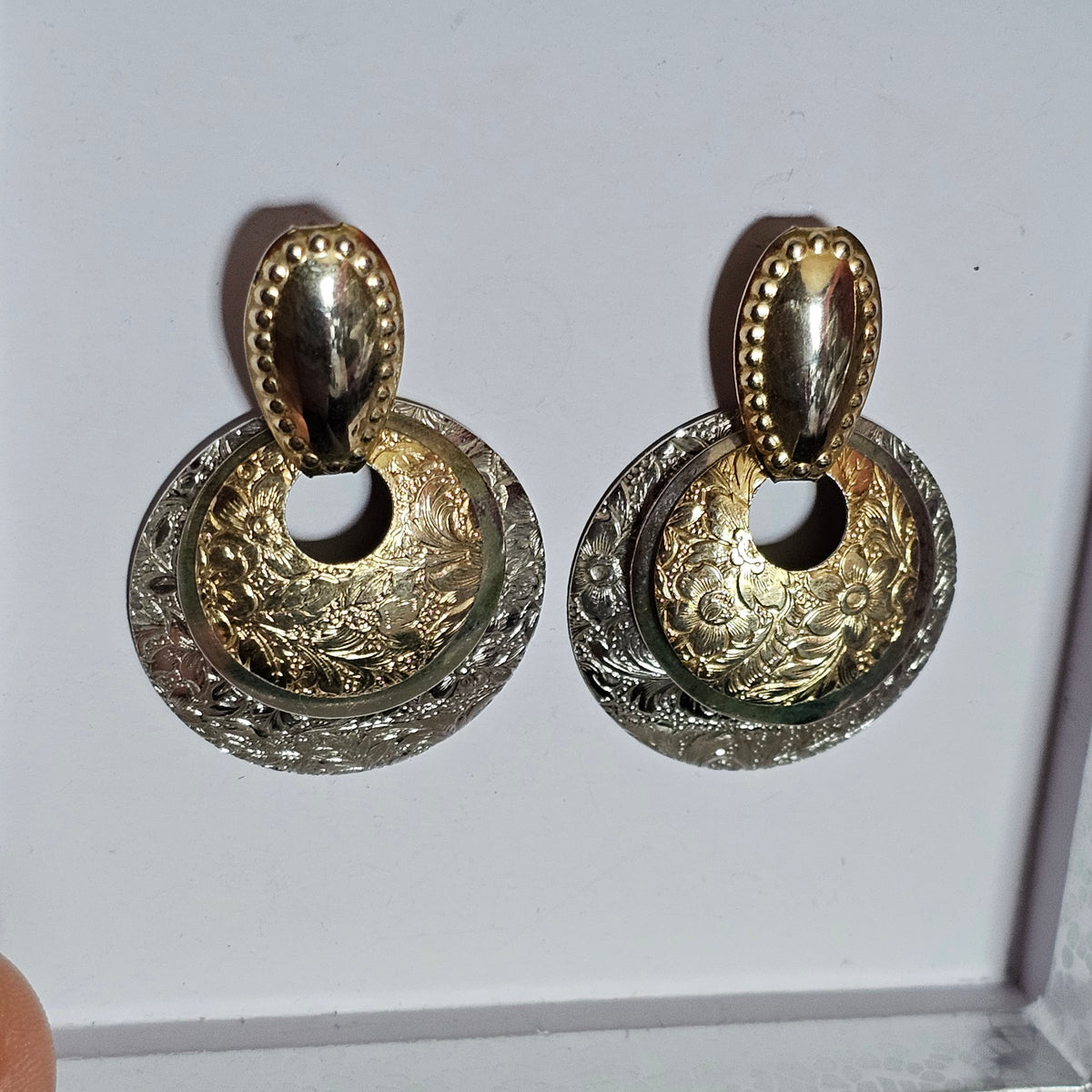 Big Round Layered Dangle Pierced Earrings 80s Style Two-tone