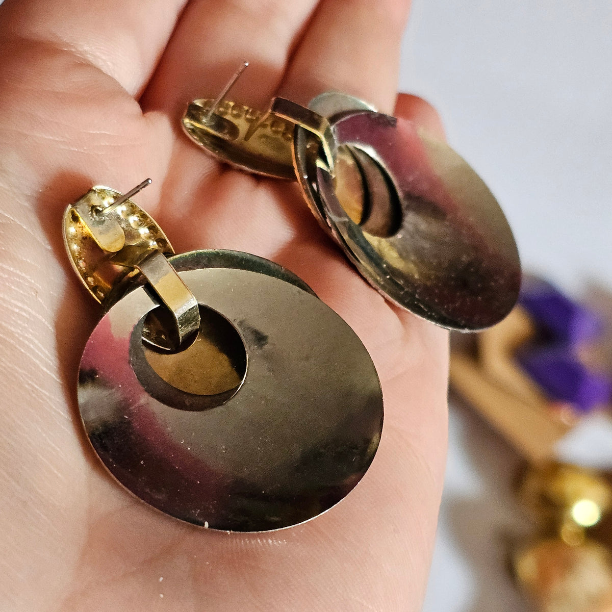 Big Round Layered Dangle Pierced Earrings 80s Style Two-tone