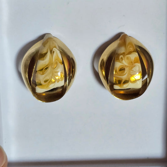 Gold-tone Enamel 90s Curved Earrings Pierced Vintage Yellow Swirl