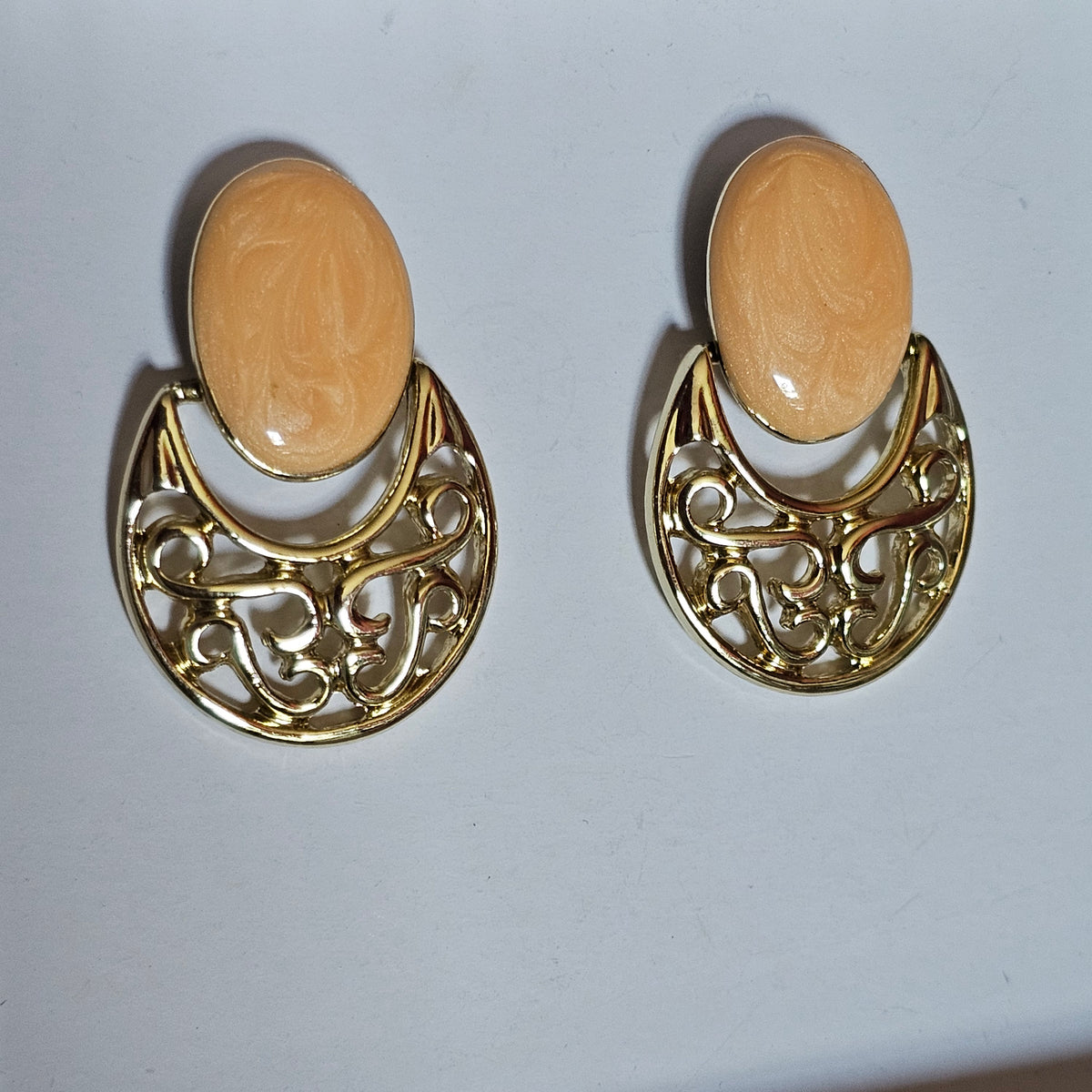 Gold-tone Enamel Orange Yellow Filigree Oval Drop Pierced Vintage