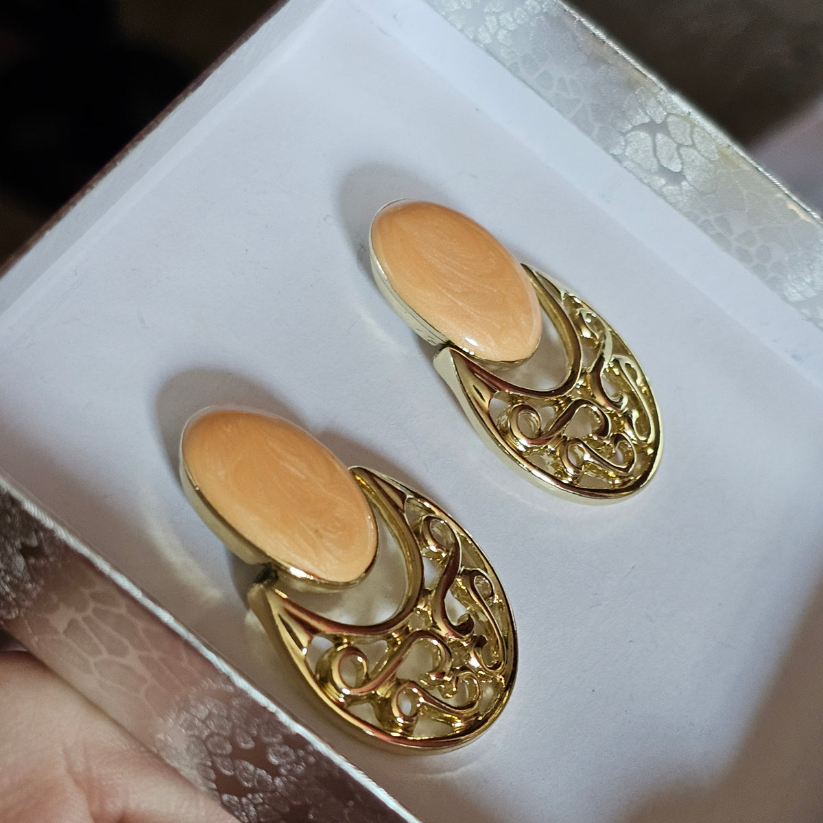 Gold-tone Enamel Orange Yellow Filigree Oval Drop Pierced Vintage