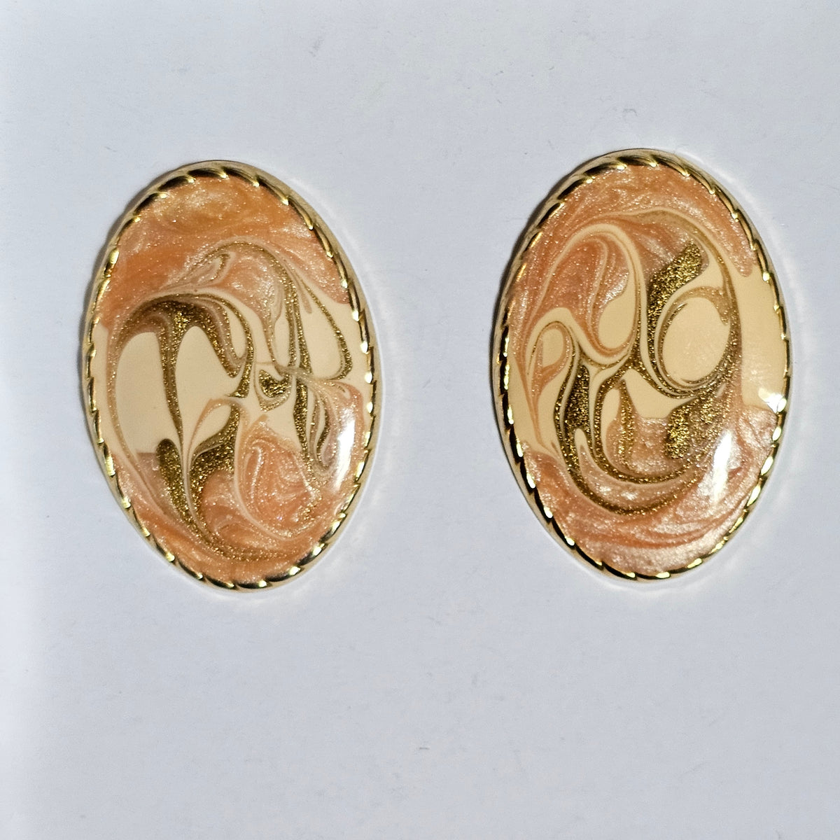 Orange Gold Cream Swirl Enamel Vintage Big Oval Metal Earrings